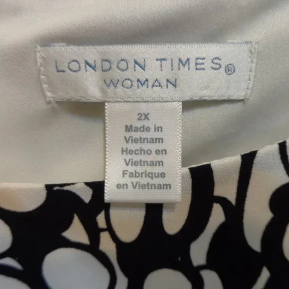 LONDON TIMES WOMAN Black/White Ruched Side Stretch Half Sleeve Dress Sz 2x NWT - Picture 7 of 7